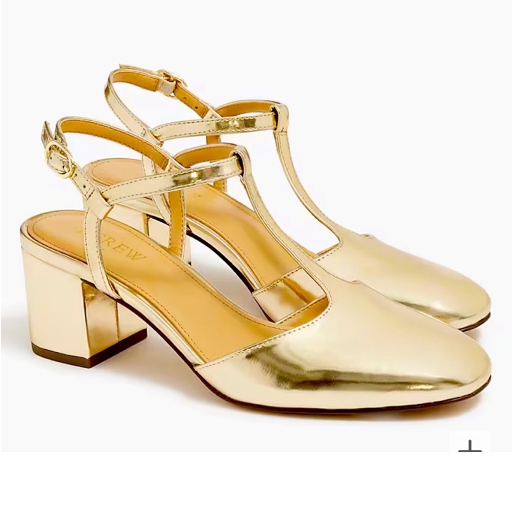 NIB J. Crew T-Strap Gold Block Heels